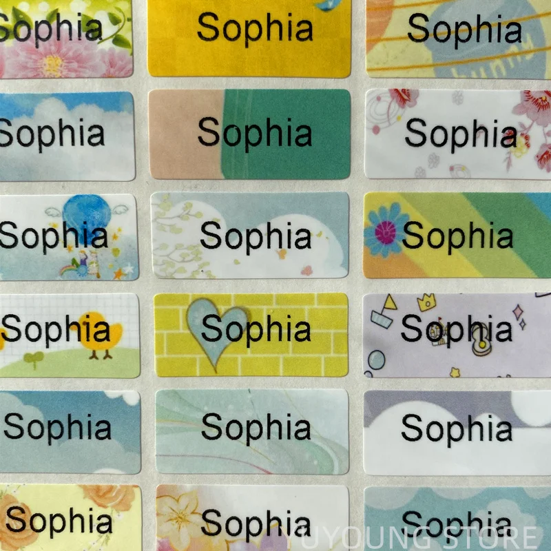 

100Pcs 3sizes Name Sticker Customize Stickers artsy background Waterproof Personalized Labels kids school logo shop Stationery