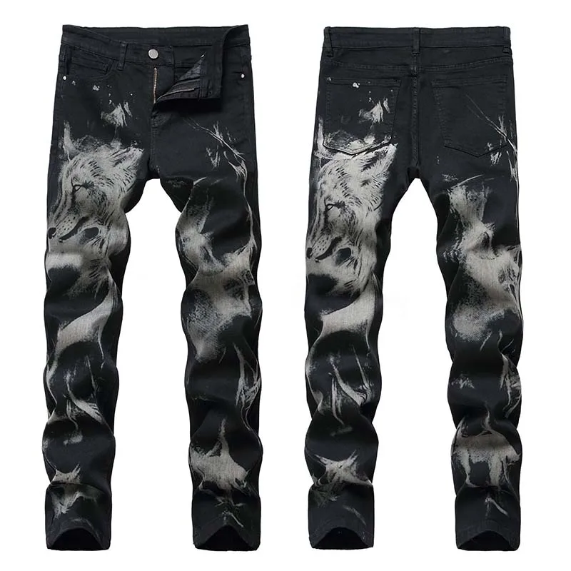 

KIOVNO Men Fashion Printed Jeans Trousers Wolf Printed Black Denim Pants Male Streetwear Size 28-38