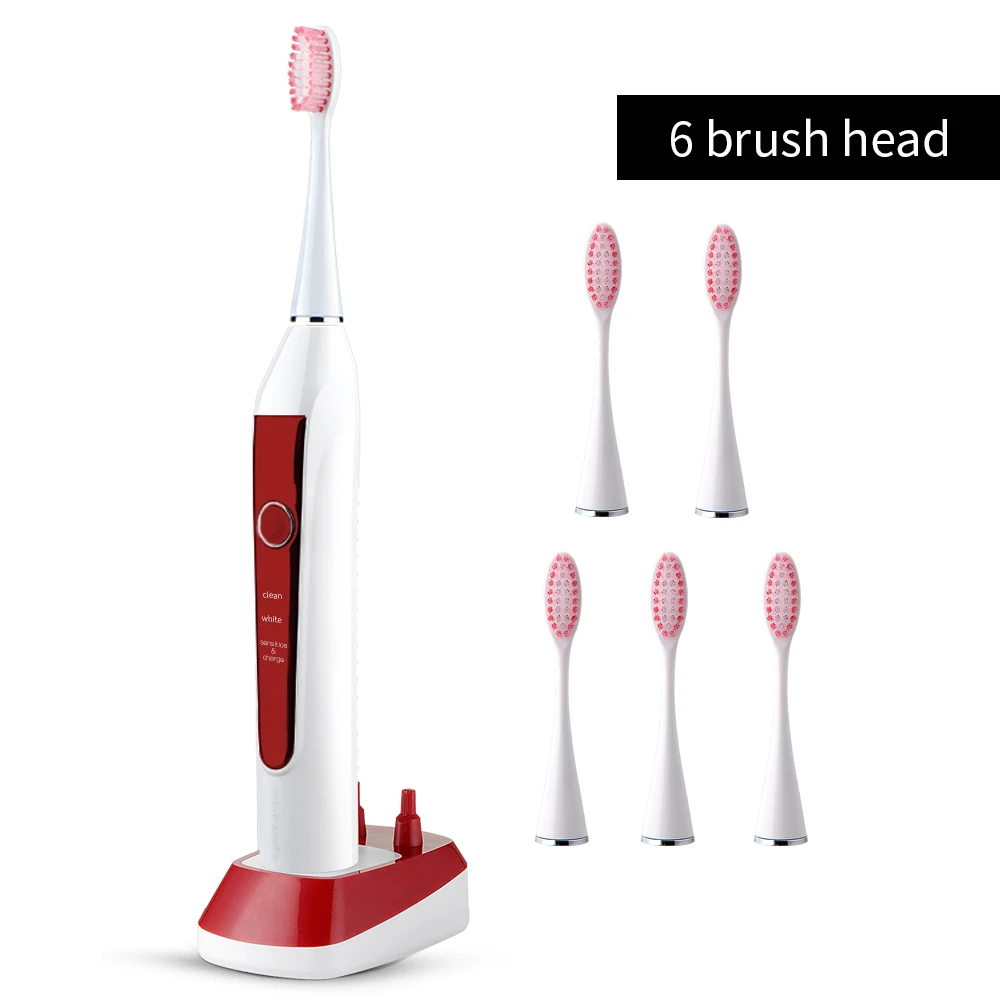 606 Red 6Head Здесь Мега звуковая электрическая зубная щетка Ультра звуковая Автоматическая перезаряжаемая взрослая зубная щетка Сменные отбеливающие водонепроницаемые головки - Цвет: 606 Red 6Head