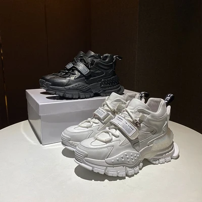 

Thick-soled Height Increasing Woman Sneakers Genuine Leather Fashion All-match Graffiti Lace-Up Shoes 2021 New Arrivial Shoes