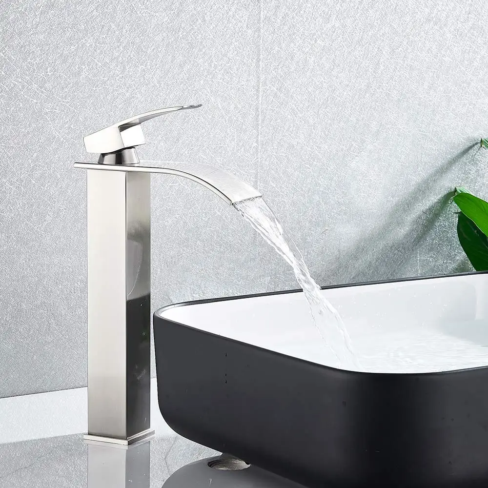 Brushed Nickel Роскошный столешница смеситель для ванной комнаты Водопад Носик раковины смеситель кухонный кран - Цвет: Brushed Nickel