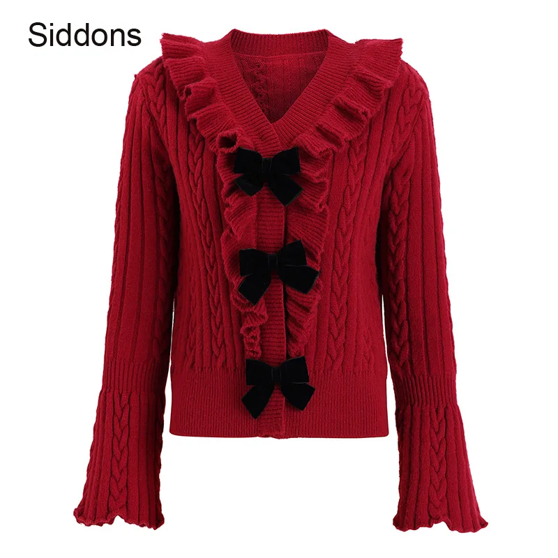 

Bowknot Women's Cardigan Sweater Jumper Autumn Winter 2020 Long Sleeve Knitted Cardigan V-Neck Sexy Ladies Sweater Tops Femme