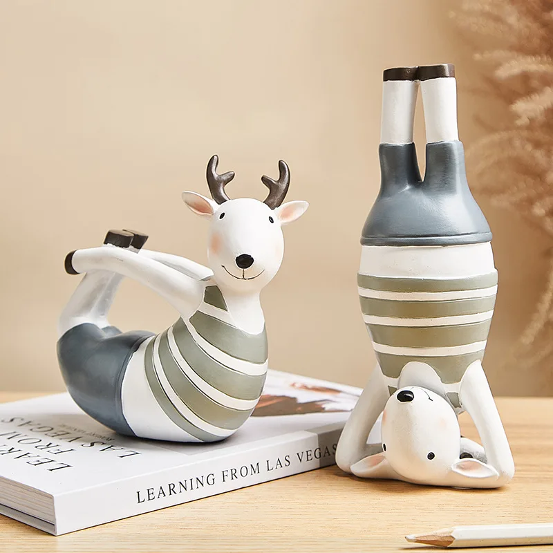 

Nordic Creative Cute Cartoon Yoga Deer Resin Ornaments Simple Technology Living Room Bedroom Desktop Home Decoration Ornaments