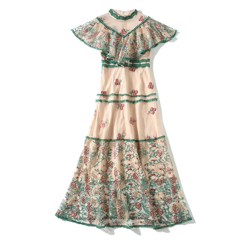 

Fairy Dress Women Summer Butterfly Short Sleeve Stand Collar Mesh Embroidery Printed Green Midi Elegant Fashion Evening Dresses