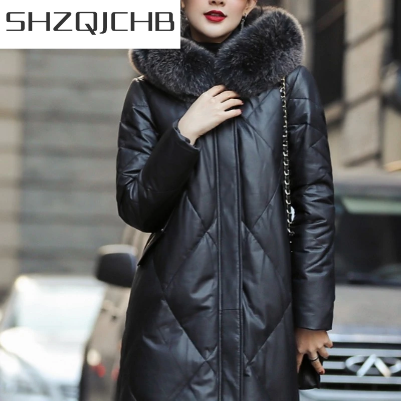 

JCHB 2021 Women Hooded Genuine Leather Down Jacket Sheepskin Fox Fur Collar Long Coat Luxury Brand Thick Warm Autumn Winter Fema