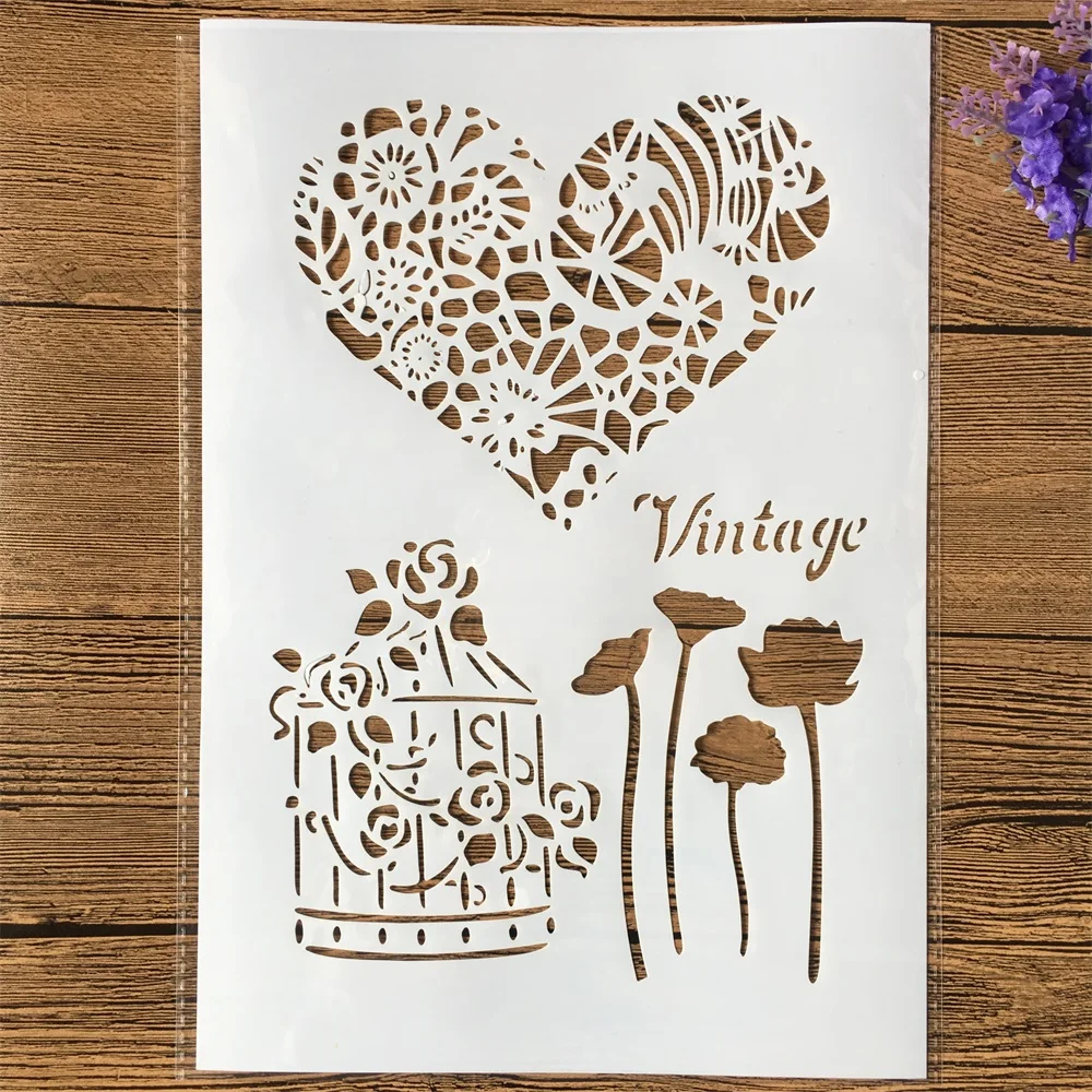 1 шт. A4 Винтаж Сердце клетка DIY трафареты для наслоения настенная живопись