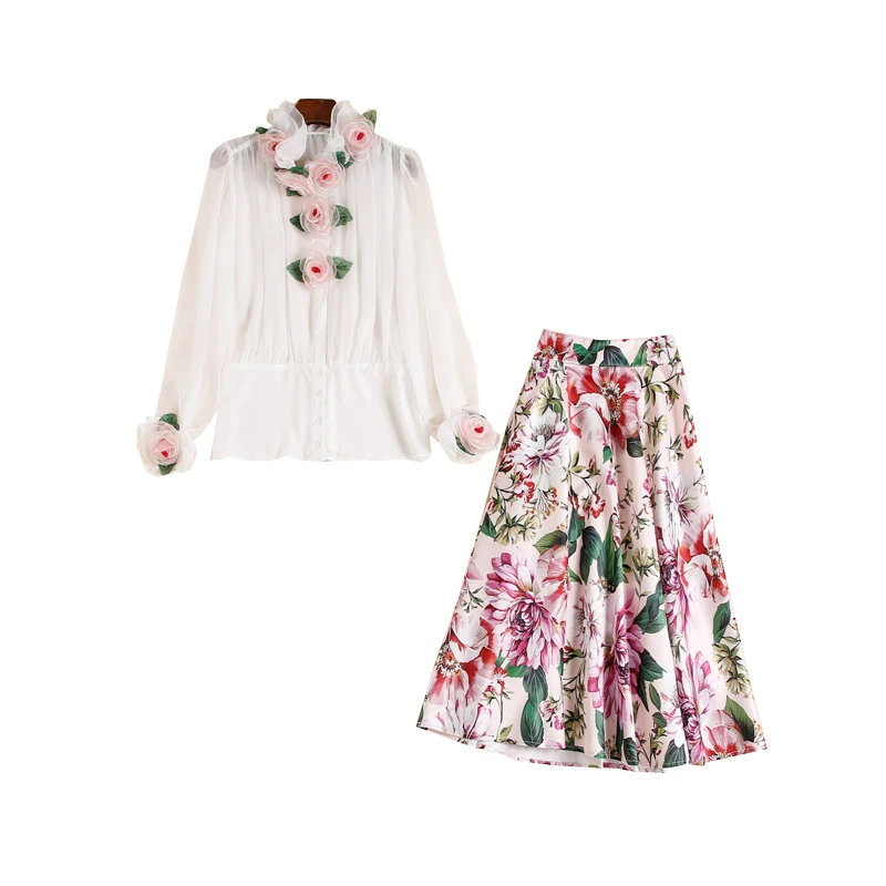 

JCHB 2021 summer autumn new super fairy dimensional flower perspective long sleeve white shirt print skirt suit
