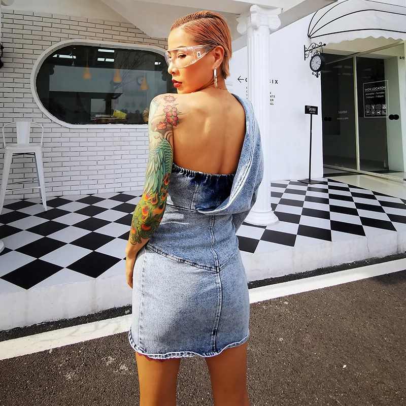 

TWOTWINSTYLE Sexy Denim Asymmetrical Dresses Female Irregular Collar Long Sleeve High Waist Mini Summer Dress Women Clothes Tide