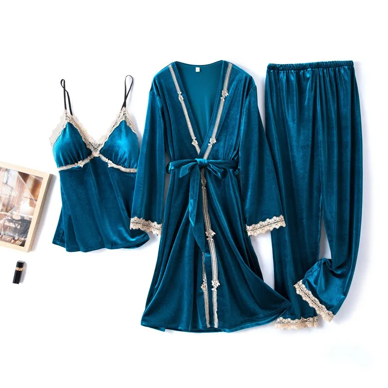 

Sexy Velvet Nightgown Lace Kimono Bathrobe Gown Women Velour Pajamas Suit Casual Home Clothes 2021 Autumn New Nightwear