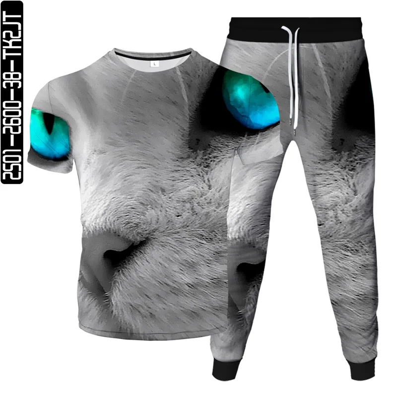 

Summer New Men Short-sleeved Casual T-shirt Lacing Trousers Two-Piece Suits Unisex Size S-6XL Cute Cats 3D Digital Printi Suits