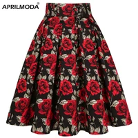 2021 high waist floral rockabilly pleated skirts womens summer red rose flower boho vintage skirt midi plus size 3xl clothing