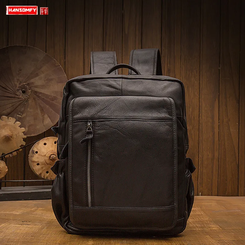 

Кожаный рюкзак ручной работы для мужчин, японские и корейские дорожные сумки, модный трендовый мужской портфель для компьютера, школьные ра...