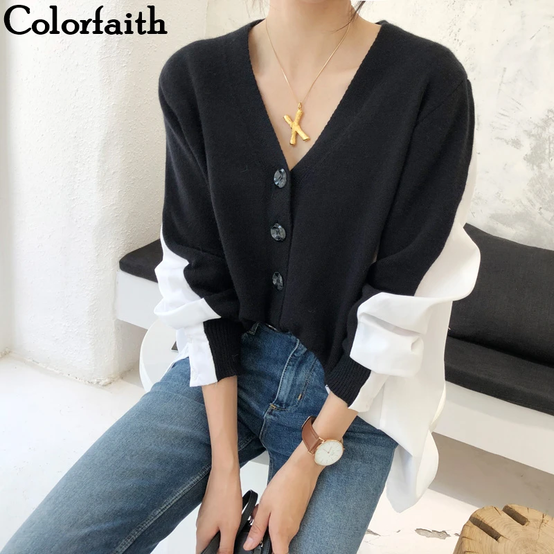 Colorfaith Новинка 2019 осень зима женские куртки Черный Белый Лоскутная Блузка