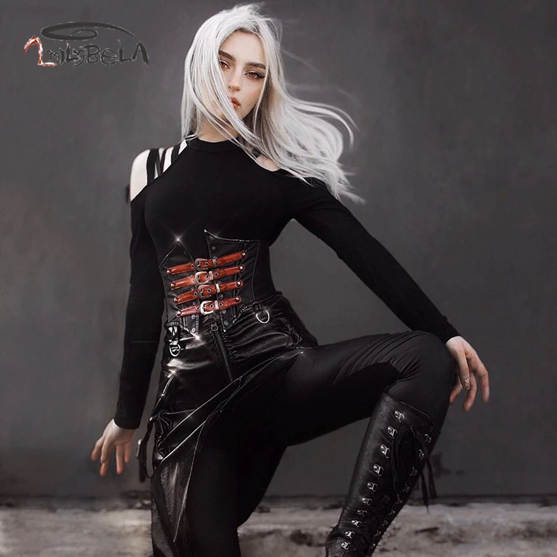 Imily Готическая футболка женская сексуальная с открытыми плечами открытая