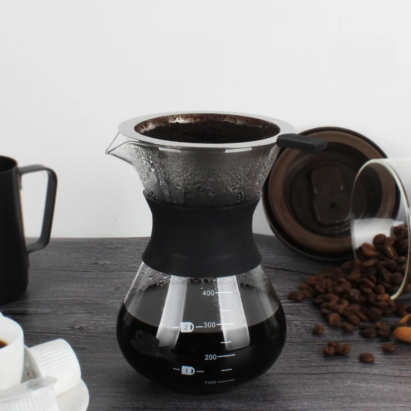 Налейте кофе с постоянным фильтром из нержавеющей стали стеклянная кофеварка