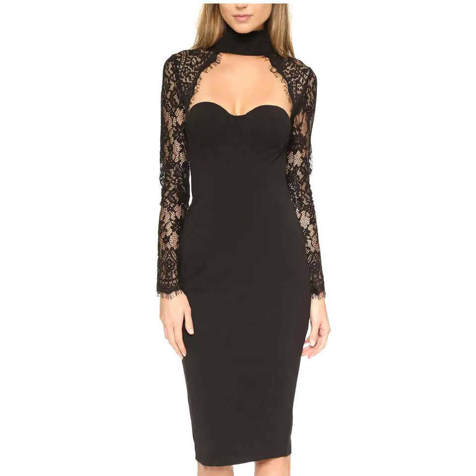 Кружевное платье миди с высоким воротником и длинным рукавом Прозрачное