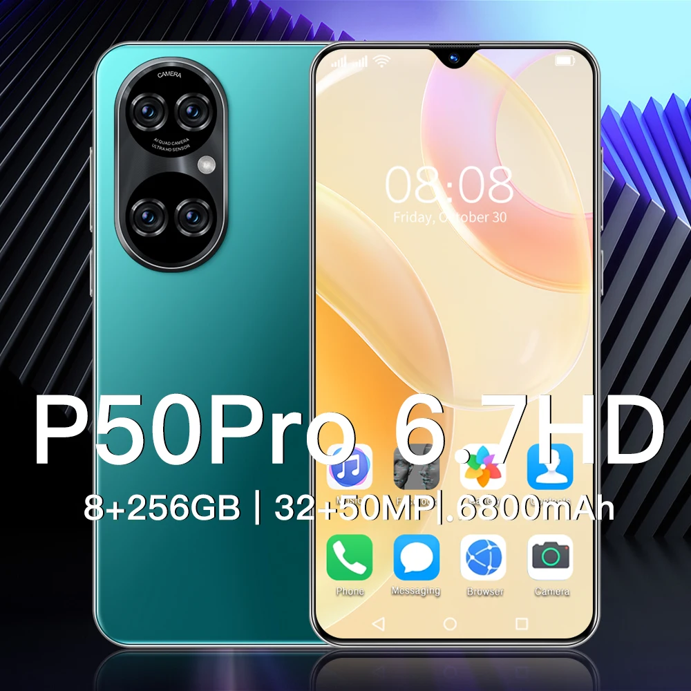 

New Arrival P50 Pro 6.7 Inch Drop Screen 8+256GB Face ID 6800mAh Dual SIM+Micro SD Smartphones GPS Andriod 11 Qualcomm 888