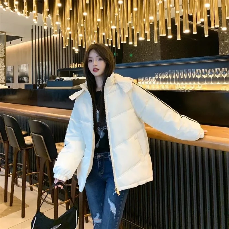 Winter Parker Cotton Coat Women Thick Hooded Striped Zipper Overcoat Loose Warm All-match Simple Commuter Jacket Female Outfit