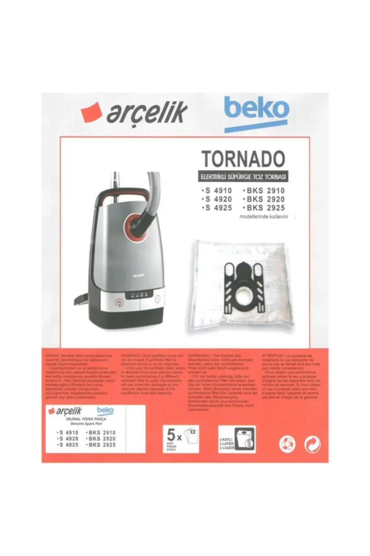 

MHK Parts S 4925 Vacuum Cleaner Model 5 Pcs Dust Bag Tornado