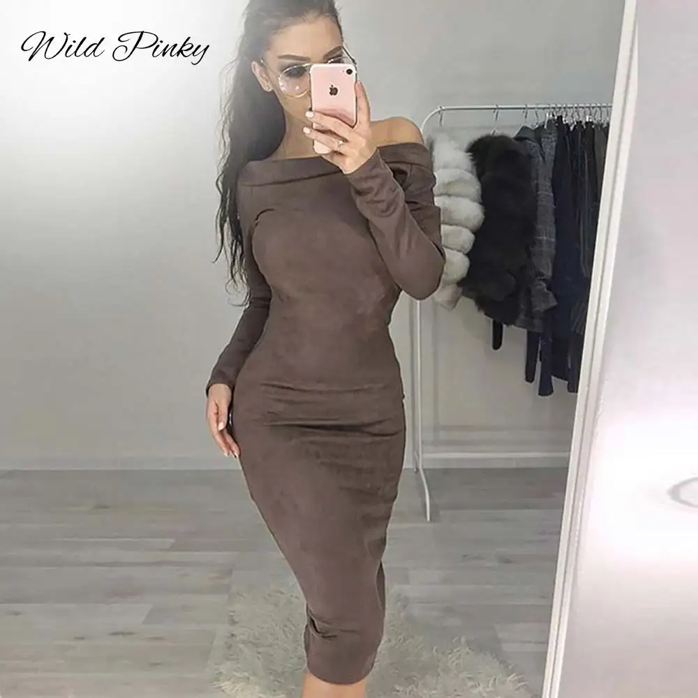 WildPinky Solid Suede Long Sleeve Off shoulder Women Midi Dress Autumn Winter Female Sexy Bodycon New Year Party Vestidos | Женская