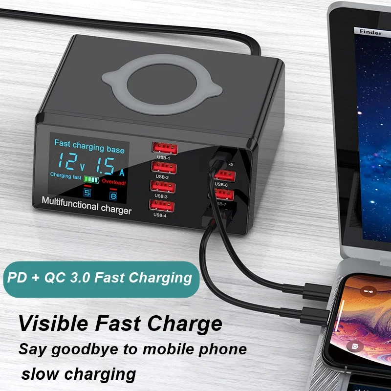 tongdaytech 100w multi 8 port usb fast charger for iphone 11 12 pro max xs x quick charge qi wireless charger for samsung s10 s9 free global shipping