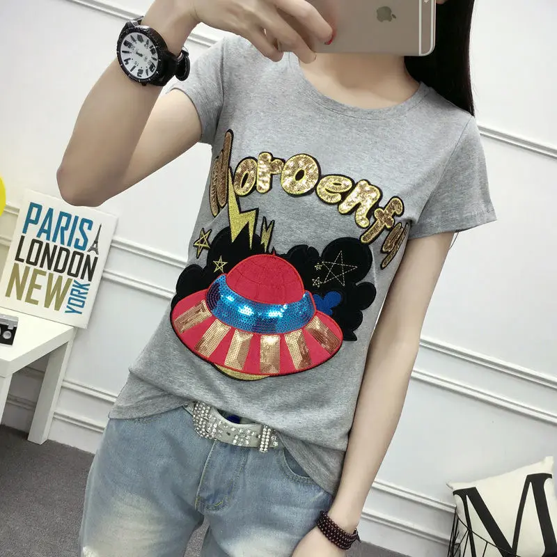 Весенне-летние черно-белые футболки с мультяшной вышивкой Женский Повседневный