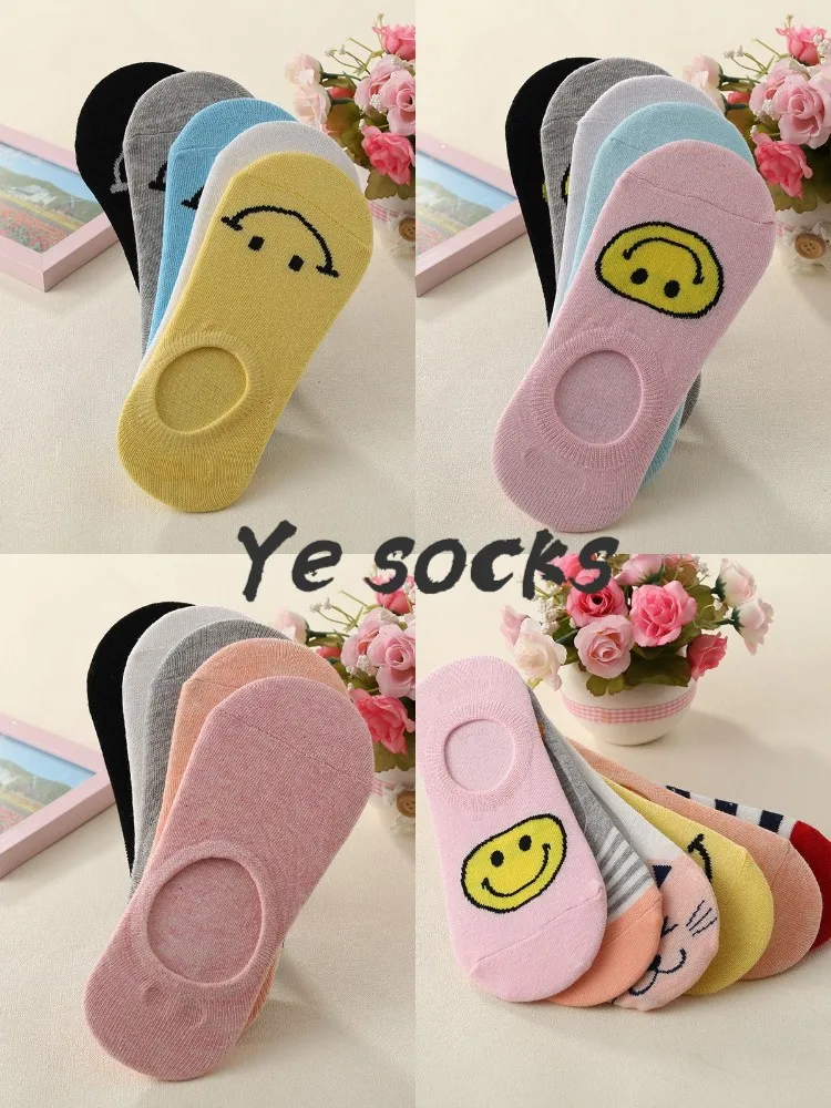 

5pairs Hot Sale Women Invisible Cotton Socks No Show Nonslip Loafer Liner Low Cut Cartoon Simle Printed Lady Necessity Socks