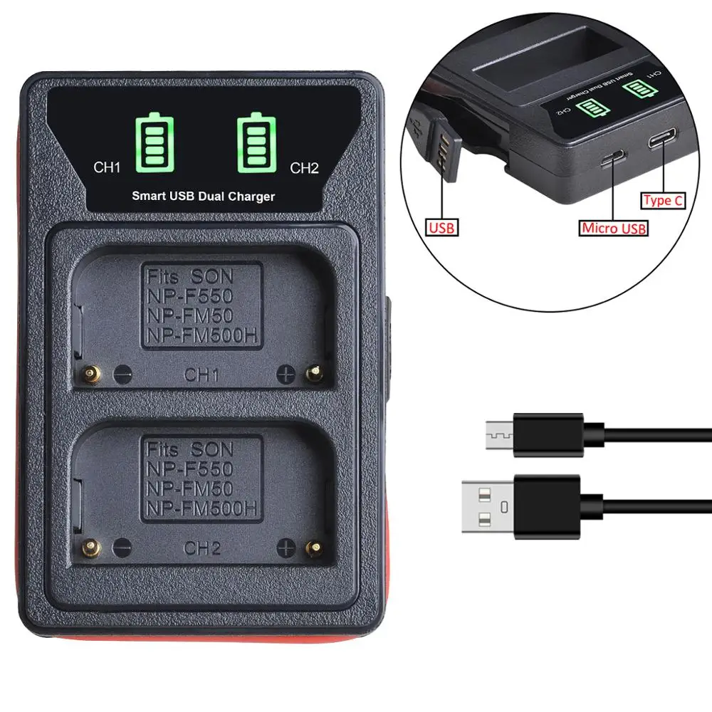 

NP-FM500H зарядное устройство с USB и портом Type C для Sony A200, A200K, A200W, A300, A350, A450, a580, NP FM500H, NP-F550 FM50