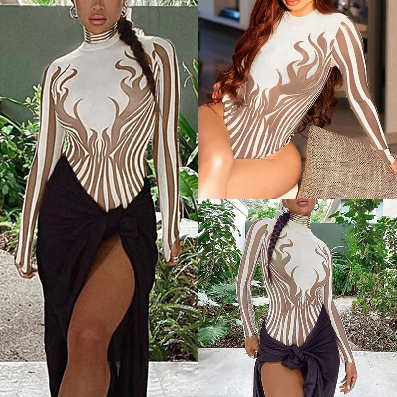 

Боди женское с длинным рукавом и принтом пламени, пикантный облегающий Топ, комбинезон, уличный стиль, весенние костюмы