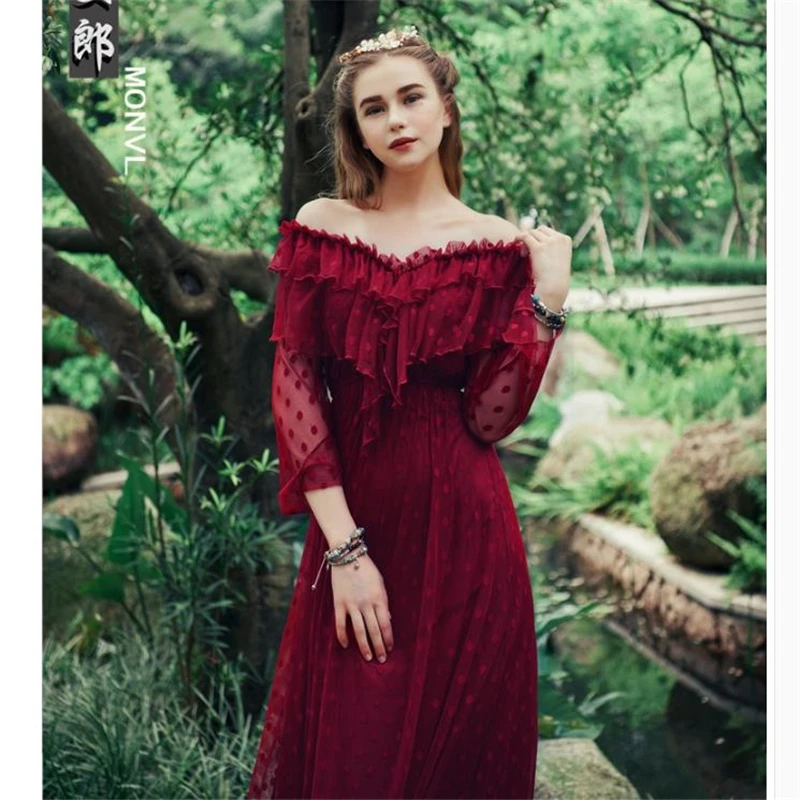 

Summer New V-neck Sexy Lace Mesh Polka Dot Long Dress Female Ruffled Slash Neck Draped Comfortable Elegant Formal Dress