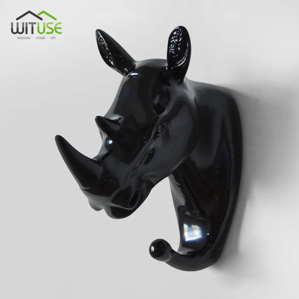 Black Rhinoceros 3D настенный крючок для ключей, стойка для ключей, олень, голова животного, рога, смола, для дома, подвесная одежда, шляпа, вешалки для шарфа, украшение для дома, гостиной - Цвет: Black Rhinoceros