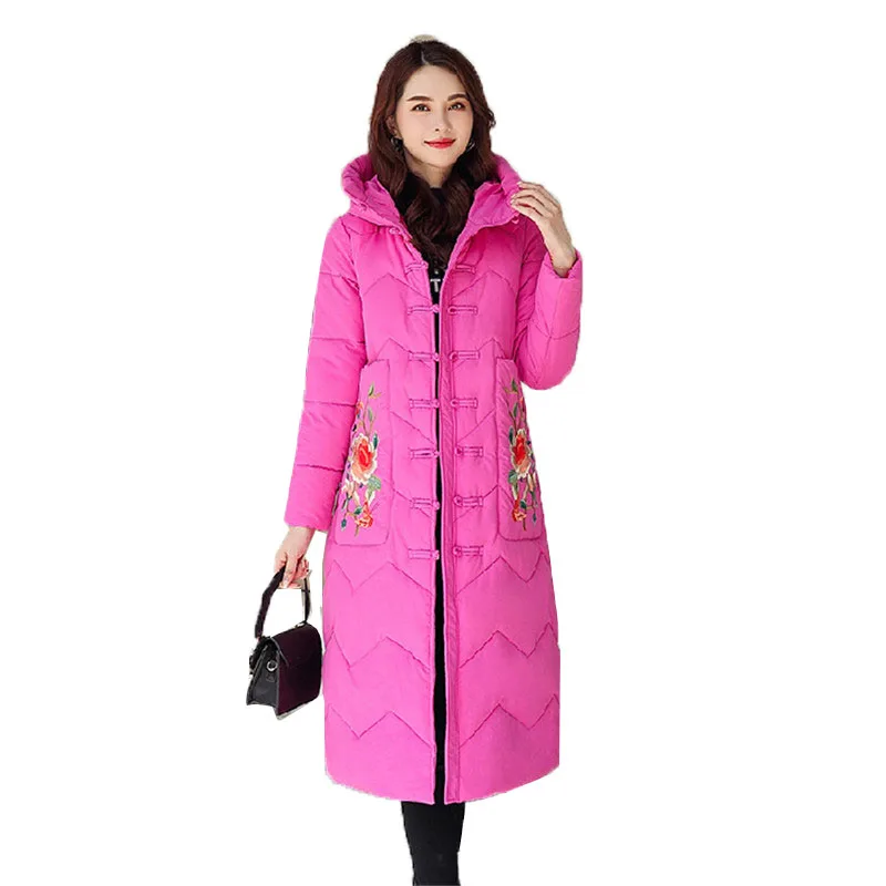 

Parkas Women's Down Cotton Coat Winter Jackets Long Embroidery Hooded Winter Coat Retro Loose Keep Warm Female Outerwear A722