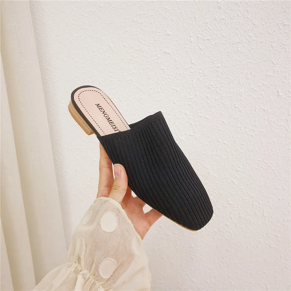 Мюли SLHJC женские на низком квадратном каблуке вязаная ткань стрейч без застежки