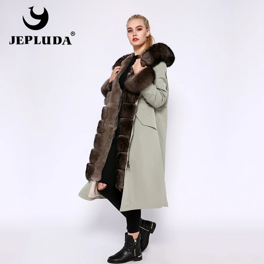 JEPLUDA парка женская с натуральным мехом лисой большой на капюшоном и манжетами меховой подкладкой кролика рекс полный толстый разъемный зимнее женское пальто с мехом съемный женская куртка из натурального меха лиса