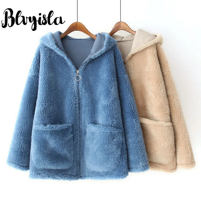 

3XL Oversize Thicken Faux Fur Fleece Winter Outwear Zipper Up Jackets Women Luxury Chic Hoody Hoodies Large Pocket Tops Coats