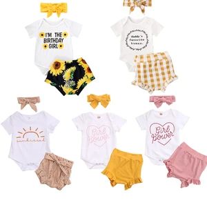 Комплект одежды для новорожденных девочек и мальчиков 0-24 месяцев, комплект из комбинезона с цветочным принтом и повязки на голову с шортами, 3 предмета