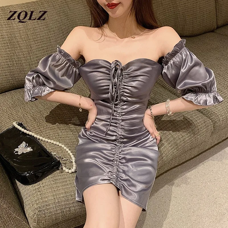

ZQLZ Women Mini Sexy Dress Puff Sleeve Slash Neck Satin Pleated Dress Autumn Winter Women Solid Party Elegant Streetwear Outfi