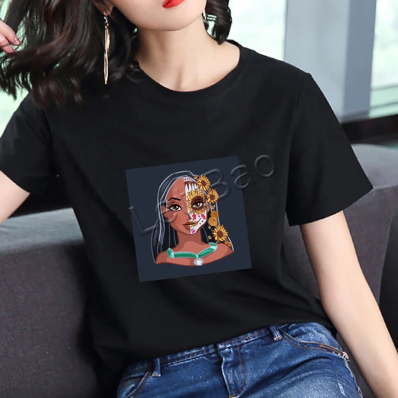 Белоснежка рубашка уличная цветок череп Леди Черная футболка хлопок o образным