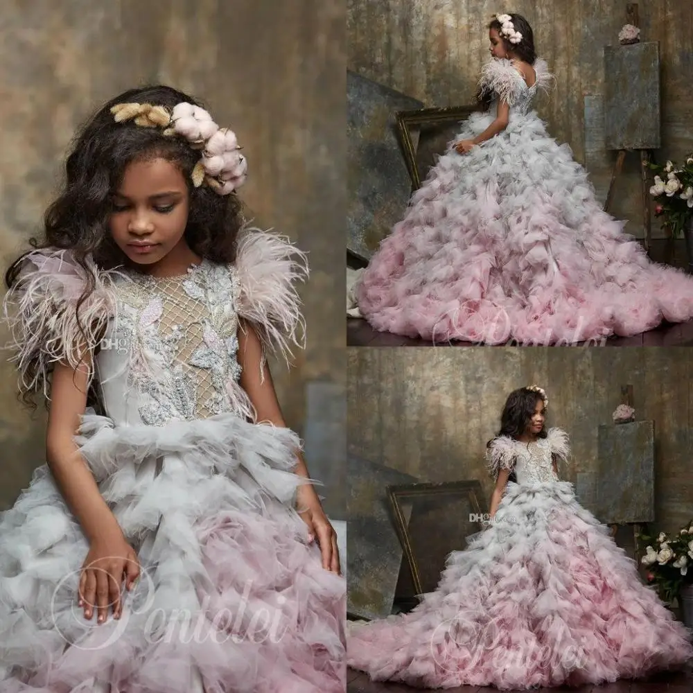 

Flower Girl Dresses Jewel Neck Appliqued Beaded Feather Girl Pageant Gown Cascading Ruffle Sweep Train Custom Made Birthday