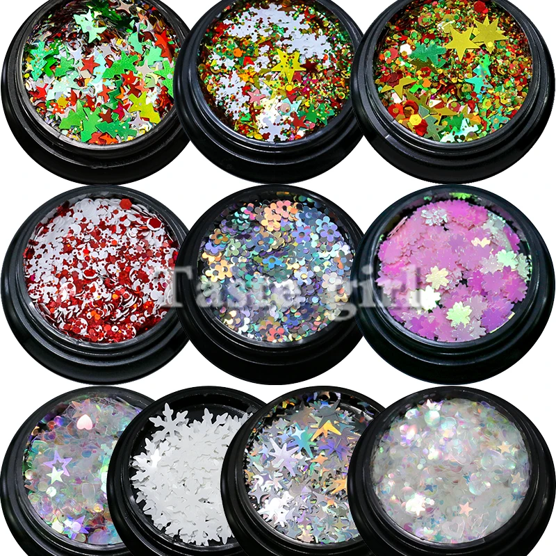 1 баночка 3D Снежинка Рождественская елка Металлические ломтики Блестки для нейл