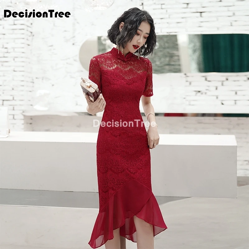 Женское кружевное платье Ципао Элегантное Длинное Красное Русалка с воротником