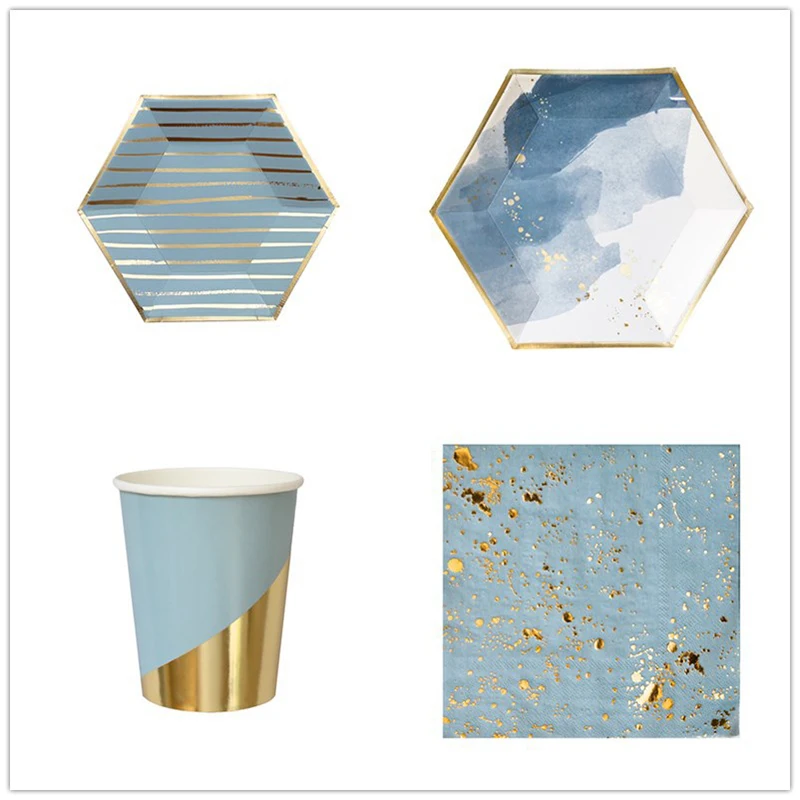 Набор одноразовой посуды с голубыми чернилами чашки для душа соломинки салфетки