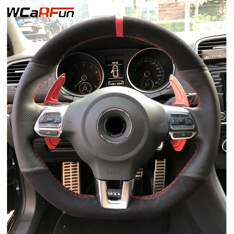 WCaRFun de protector para volante de coche negro de gamuza para Volkswagen Golf 6 GTI MK6 VW Polo GTI Scirocco R Passat CC R-línea