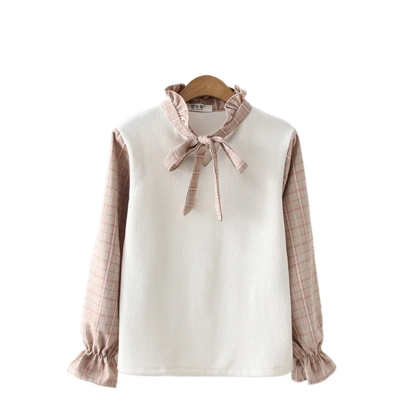 

2021 Autumn Women Plaid Patchwork Fake Two Pieces Blouse 2021 Autumn Petal Sleeve Ruffles Collar Lace Up Korean Fashion Tops