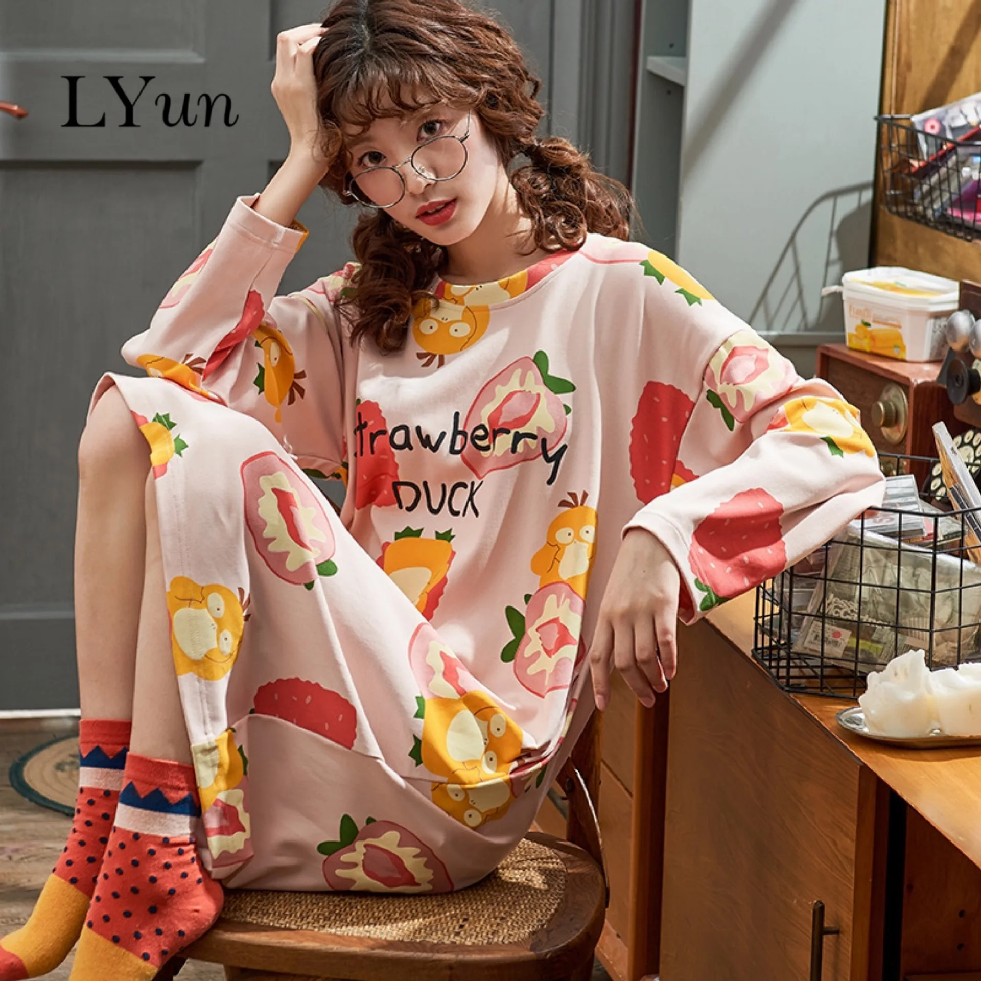 Женская хлопковая ночная рубашка LYun свободная Ночная большого размера с