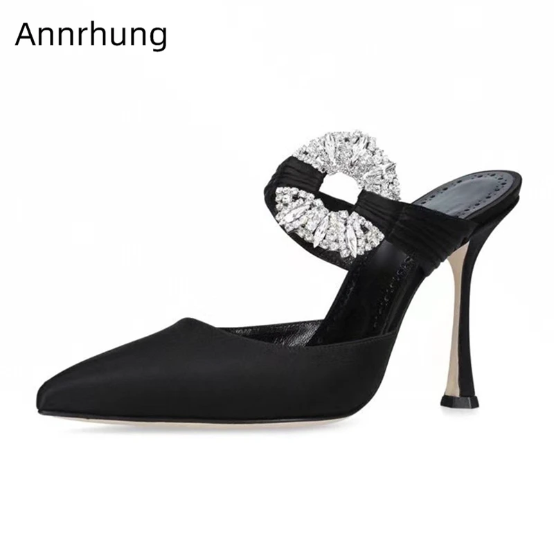 

Luxury Satin Stiletto Heel Sandals For Girls Women Sexy Pointed Toe Crystal Rhinestone Slingbacks Mules Summer