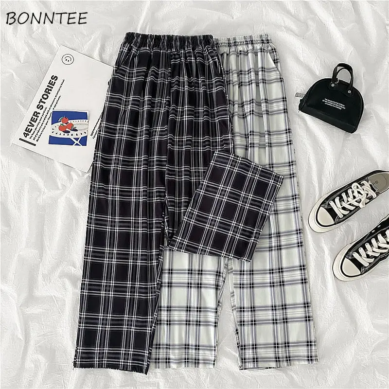 

Casual Pants Women Pockets Causal High-waist Wide-leg slim Plaid Loose Pleated Streetwear All-match Trendy Vintage BF Harajuku