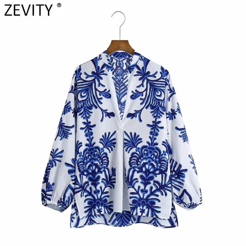 

Zevity 2021 Women Vintage Blue Totem Floral Print Smock Blouse Office Ladies Business Casual Shirt Chic Loose Blusas Tops LS9468