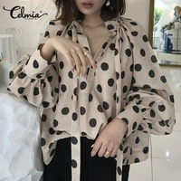 celmia 2022 fashion polka dot blouses women tops autumn long sleeve elegant office bow tie shirts casual loose blusas femininas