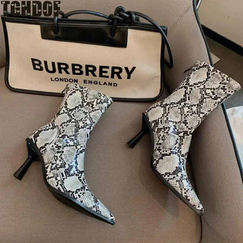 TGHDOF Autumn Winter Snake Print Stiletto High Heels Women's Boots Pointed Zip Footwear Pu Sexy Females Boot Shoes Woman 2021